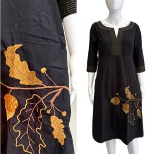 Eshakti Acorn Embroidered Midi Dress Womens Size 8 Black Pocket Artsy A-Line